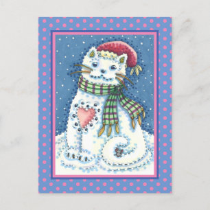 CUTE SNOWMAN KITTEN, SNOWFLAKES CAT AND MOUSE HOLIDAY POSTCARD