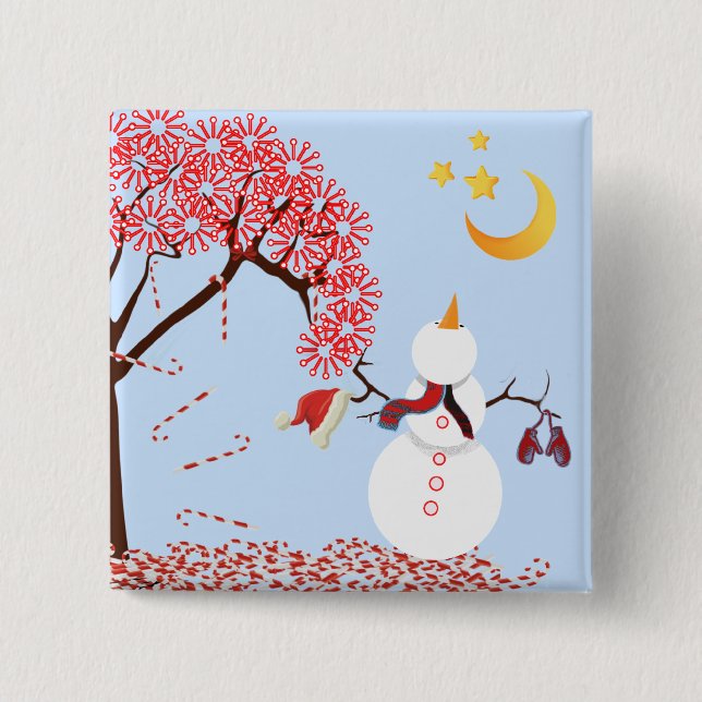 Cute Snowman Looking Up at the Moon Button (Front)