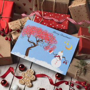 Cute Snowman Looking up at the Moon Holiday Card