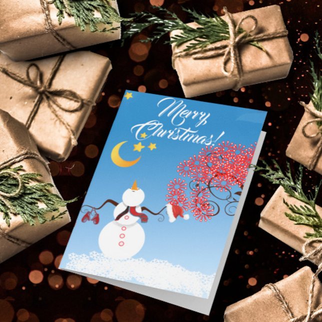 Cute Snowman Looking up at the Moon Holiday Card (Creator Uploaded)