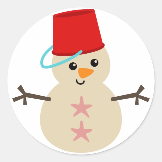 Cute Snowman Made of Sand with Pail for Hat Classic Round Sticker (Front)