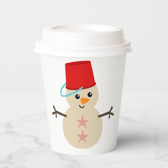 Cute Snowman Made of Sand with Pail for Hat Paper Cups (Front)