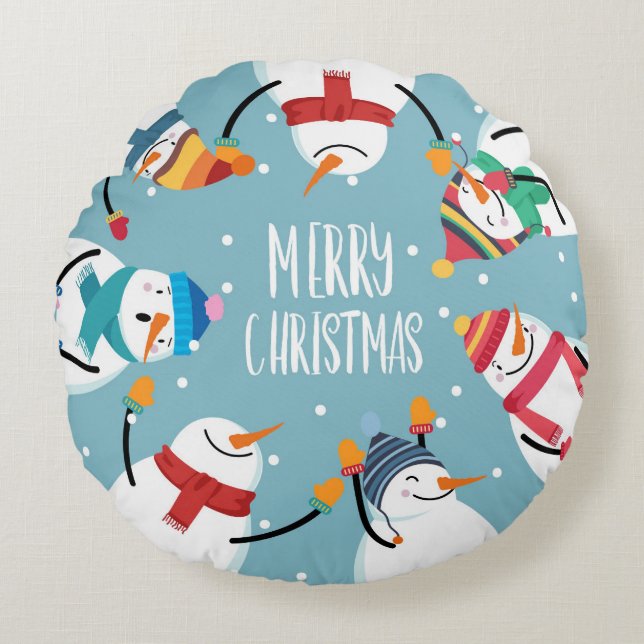 Cute Snowman Merry Christmas Festive Holidays Round Cushion (Front)