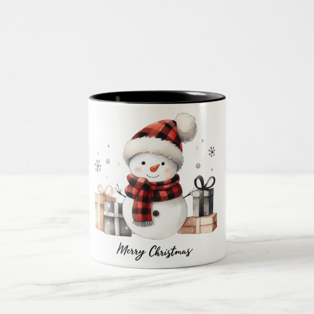 Cute Snowman /Merry Christmas Two-Tone Coffee Mug (Center)