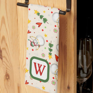 Cute Snowman Monogram Initial Christmas  Tea Towel
