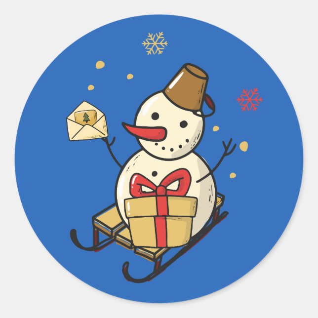 Cute Snowman On A Sled Classic Round Sticker (Front)