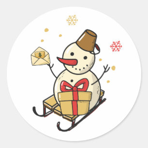 Cute Snowman On A Sled Classic Round Sticker