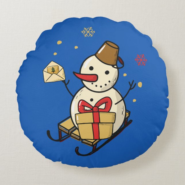 Cute Snowman On A Sled Round Cushion (Front)