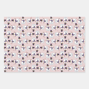 Cute Snowman on Bink, Blue and Green Background Wrapping Paper Sheet