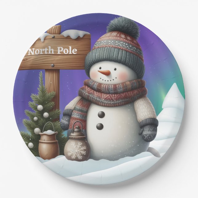 Cute snowman on North Pole with northern lights Paper Plate (Front)