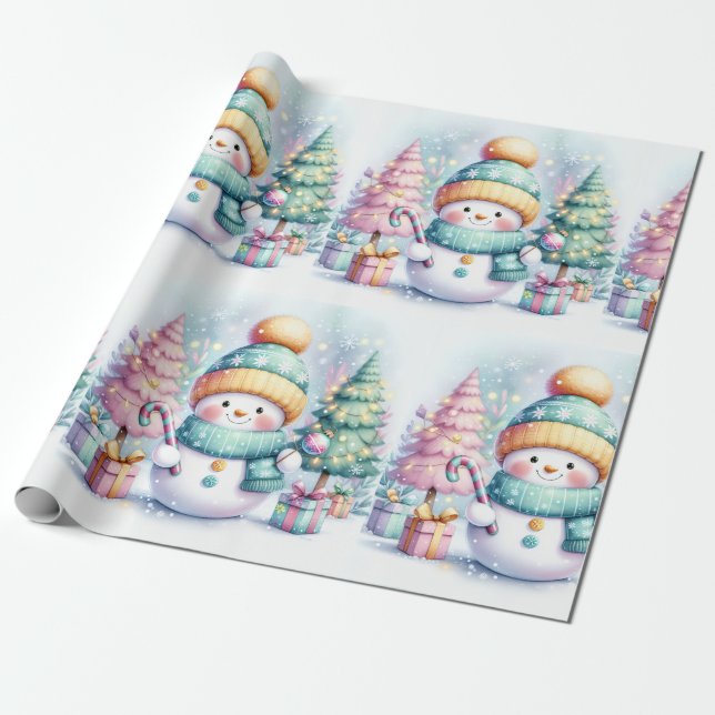 Cute Snowman Pastel Christmas Large Scale Wrapping Paper (Unrolled)
