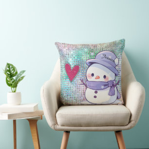 Cute Snowman Pastel Pattern Heart Cushion