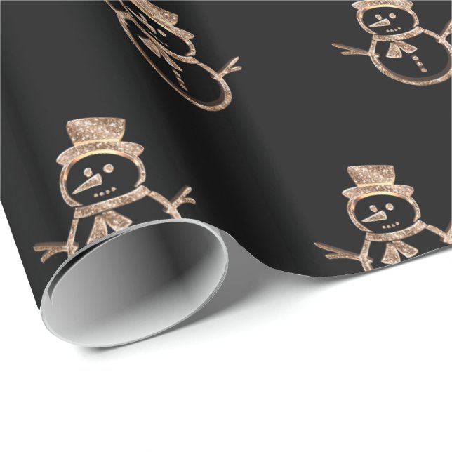 Cute Snowman Pattern Black and Gold Christmas Wrapping Paper (Roll Corner)