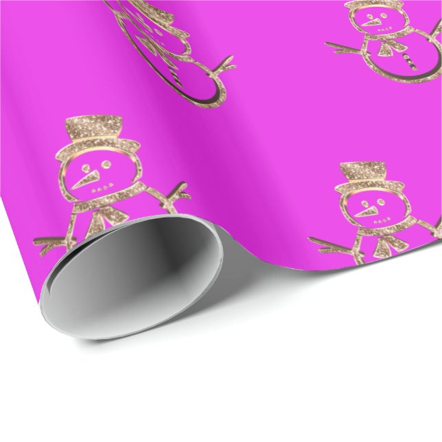 Cute Snowman Pattern Pink and Gold Christmas Wrapping Paper (Roll Corner)