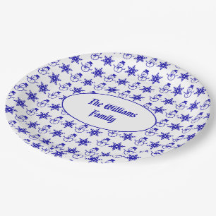 Cute Snowman Pattern Snowflakes Blue Christmas Paper Plate