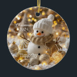 Cute Snowman Personalised Christmas Ornament<br><div class="desc">Cute Snowman with sparkling gold and lights personalised with name and Christmas year.</div>