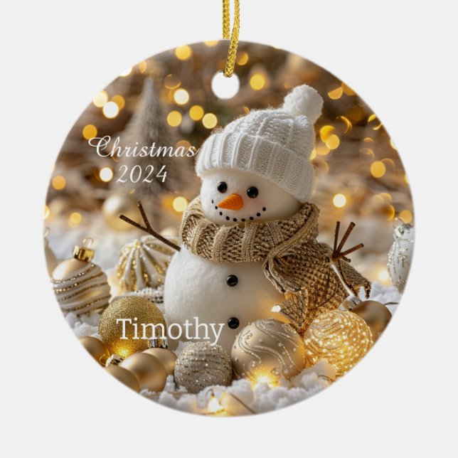 Cute Snowman Personalised Christmas Ornament (Front)