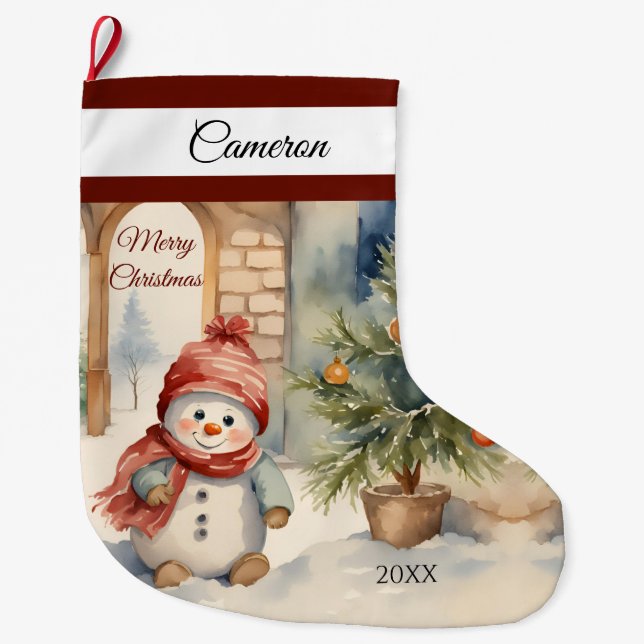 Cute Snowman Personalised  Large Christmas Stocking (Front)