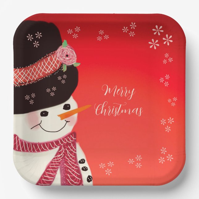 Cute Snowman Personalised Square Paper Plate (Front)