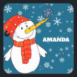 Cute Snowman Personalizable Kids Christmas Square Sticker<br><div class="desc">Snowman Christmas holiday gift sticker for children. Christmas present sticker - personalise the sticker with child`s name. The sticker has a cute snowman with a snowflake on his nose. The background is blue with beautiful white snowflakes in different sizes and shapes. Make your Christmas gifts for kids special with this...</div>
