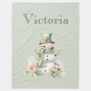 Cute Snowman Personalized Modern Green  Fleece Blanket