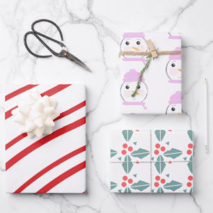Cute Snowman Pink Christmas Mix Wrapping Paper Sheet