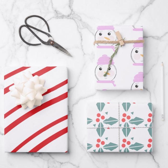 Cute Snowman Pink Christmas Mix Wrapping Paper Sheet (Front)