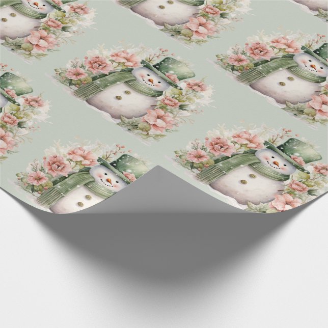 Cute Snowman Pink Flowers Christmas Holiday Wrapping Paper (Corner)