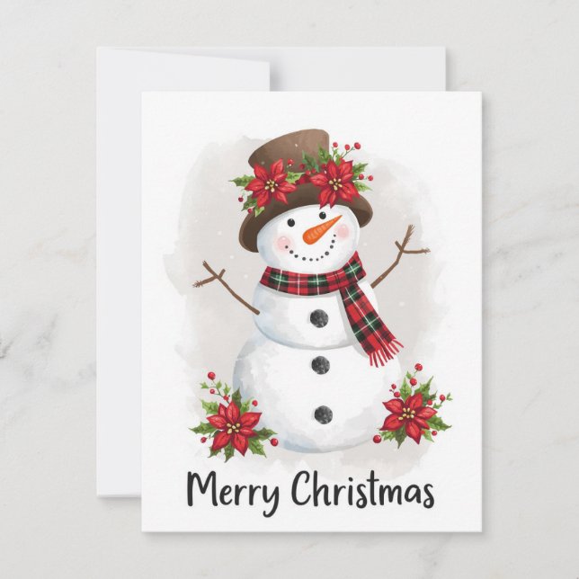 Cute Snowman Poinsettia Plaid Scarf Holiday Card (Front)
