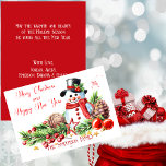 Cute Snowman Red And White Personalised Holiday Card<br><div class="desc">Capture the magic of the holiday season with this beautifully personalised red and white flat Christmas card, featuring a handsome snowman, dressed with a long red scarf and festively decorated top hat. The cute watercolor "frosty" nestles in symbols of the winter holidays: pine cones, evergreen sprigs, and red baubles and...</div>