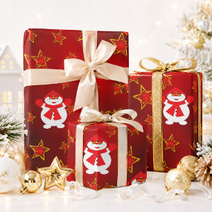 Cute Snowman Red Gold Stars Christmas Wrapping Paper