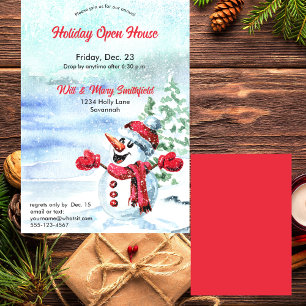 Cute Snowman Red Holiday Open House Invitation