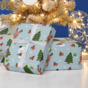 Cute Snowman, Reindeer & Christmas Tree Wrapping Wrapping Paper