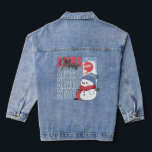 Cute Snowman Retro Christmas Denim Jacket<br><div class="desc">Cute snowman in a scarf and hat with ornaments and Merry Xmas in a retro-style advertisement look.</div>