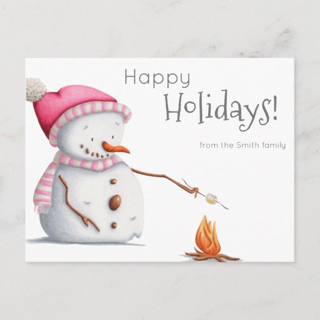 Cute Snowman Roasting Marshmallows Family Holiday Postcard (Front)