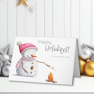 Cute Snowman Roasting Marshmallows Pink Holiday Card