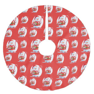 Cute Snowman Santa Xmas Sweet Candy Cane Pattern Brushed Polyester Tree Skirt
