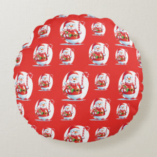 Cute Snowman Santa Xmas Sweet Candy Cane Pattern Round Cushion