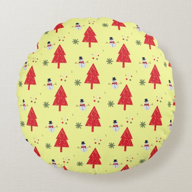 Cute snowman Santa Xmas tree Seamless pattern Round Cushion (Front)