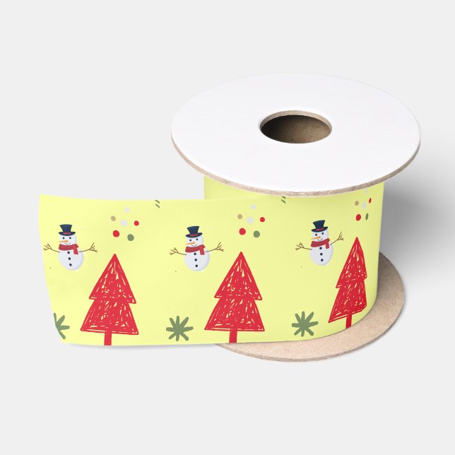 Cute snowman Santa Xmas tree Seamless pattern Satin Ribbon (Spool)