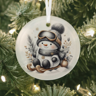 Cute snowman sledding glass tree decoration