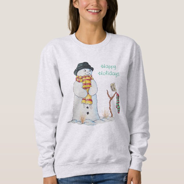Cute snowman smiling in the snow at christmas sweatshirt (Front)