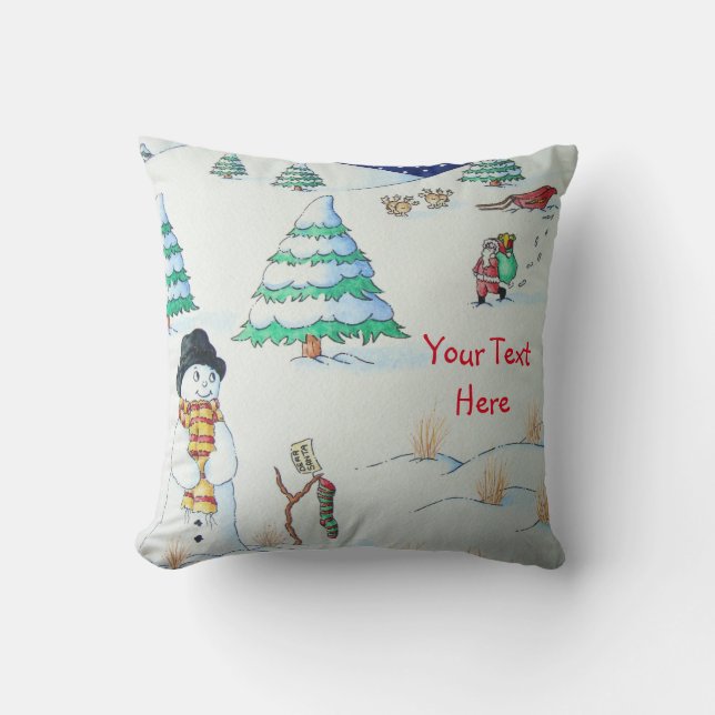 cute snowman smiling snow scene for christmas cushion (Front)