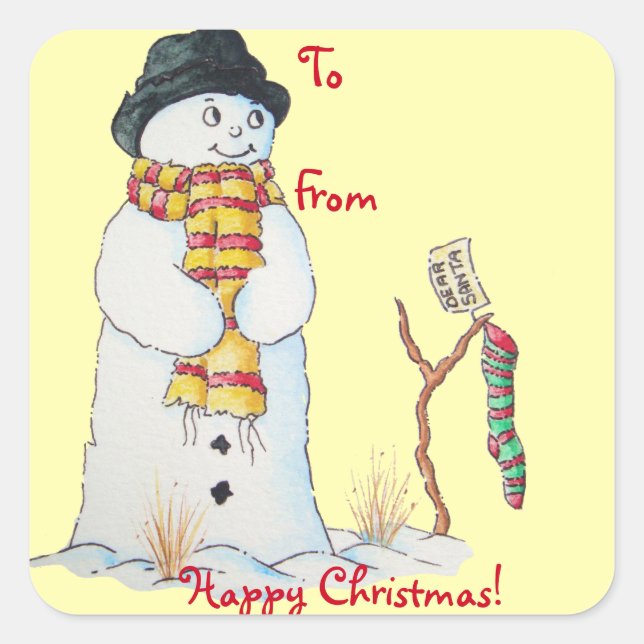 cute snowman smiling snow scene for christmas square sticker (Front)