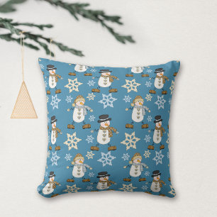 Cute Snowman Snowflake Pattern on Blue Cushion