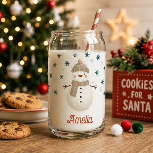Cute Snowman Snowflakes Drawing Name Christmas Can Glass