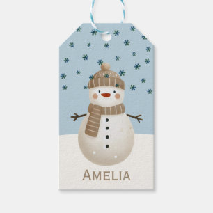 Cute Snowman Snowflakes Drawing Name Christmas Gift Tags