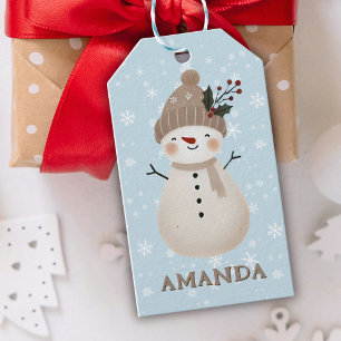 Cute Snowman Snowflakes Kids Name Christmas Gift Tags