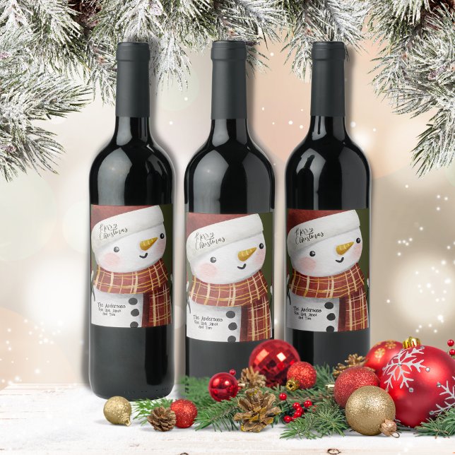 Cute Snowman Snowflakes Merry Christmas Wine Label (Creator Uploaded)