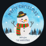 Cute Snowman Snowy Winter Christmas Classic Round Sticker<br><div class="desc">Make your gifts extra festive with our Cute Snowman Snowy Winter Christmas Classic Round Sticker! Personalise it with your name to add a special touch to your presents. Spread holiday cheer with this adorable snowman design that will surely put a smile on your loved ones' faces.</div>